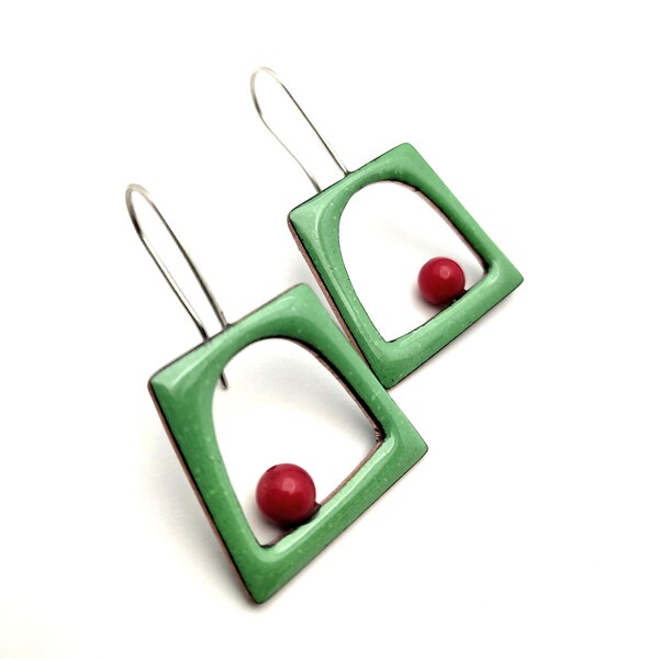 Enamel earrings, green geometric earrings, copper enamel earrings, enamel earrings handmade, drop green earrings, minimal handmade jewelry