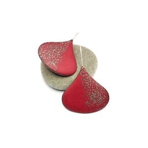 Red matt finish earrings, big drop shape earrings dangle, statement enamel earrings, copper enameled earrings, matte contemporary jewelry