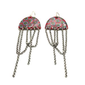Bold big colorful earrings with dangle stainless steel chains, red and blue copper enamel earrings, eye-catching dangle earrings silver hook