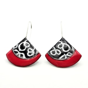 triangle dangle earrings, black white red geometric earrings, colorful enamel earrings, scribble design jewelry, copper enamel jewelry