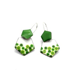 green earrings dangle, copper enamel earrings, pentagon earrings, polka dots earrings green and white, enameled jewelry handmade, jewel gift