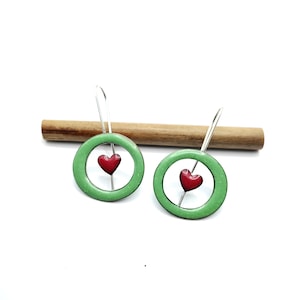 green circle earrings, green and red heart earrings, heart jewelry for women, cute earrings dangle, copper enamel earrings, handmade jewelry