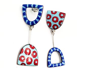 funny blue and red earrings, colorful enamel dangle earrings, asymmetrical colorful earrings, copper enamel jewelry handmade, artisan jewel