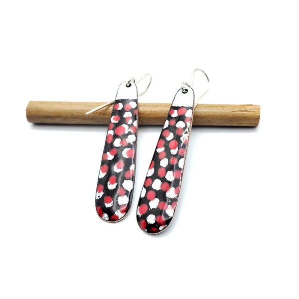 Black white red dangle earrings, colorful enamel earrings, boho copper enameled jewelry
