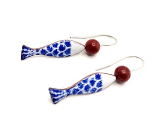 Fish earrings dangle, blue and white jewelry handmade, copper enameled earrings silver hook, sardine sgraffito drop earrings coral beads