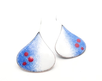 big drop earrings, statement earrings, modern enamel jewelry, contemporary artisan jewelry, handmade jewelry, white blue red dangle earrings