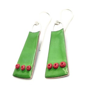 long green earrings, green earrings dangle silver hook, long enamel earrings, copper enameled jewelry, artisan green and red earrings
