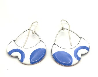 Contemporary white and blue enamel earrings, dangle copper enameled earrings, modern earrings silver hoop, abstract design jewelry handmade