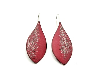 Red earrings dangle, red teardrop earrings, statement enameled earrings, copper enamel jewelry handmade, matte earrings silver hook,