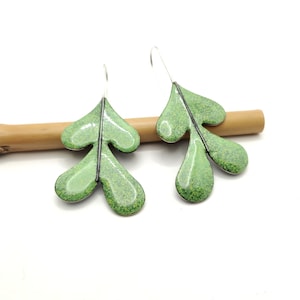 green leaf earrings, green enamel earrings handmade, copper enameled leaf earrings, large drop earrings silver hook, nature lovers jewelry