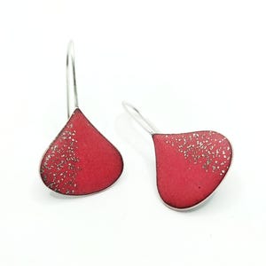 Red enamel dangle earrings, contemporary enamel jewelry, artistic earrings handmade, red dangle earrings silver hook, red drop shape earring