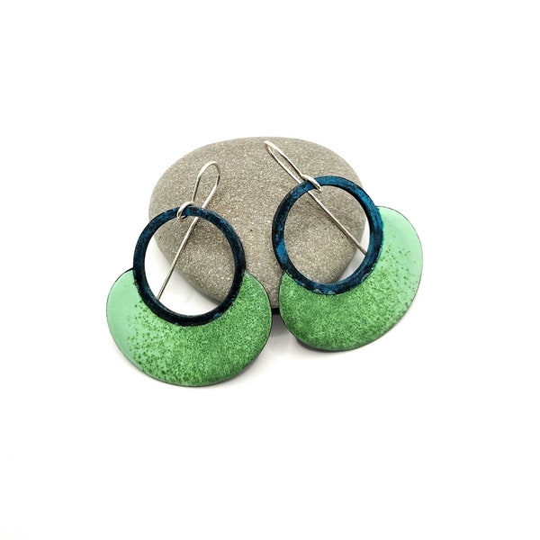 Green enamel earrings, dangling drop earrings, boho hoop earrings, copper enameled jewelry handmade, unique handmade jewelry, faded earrings