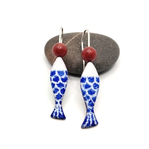 dangle sardine earrings, enameled fish earrings handmade, white and blue sardine jewelry,  sea lovers jewelry, coral bead earrings for her