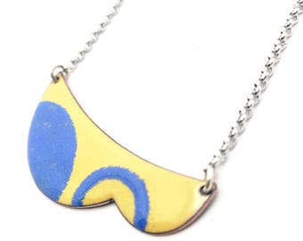 artistic enamel pendant, modern artisan necklace, copper enamel necklace, blue yellow enamel pendant necklace, modern colorful necklace