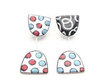 mismatched colorful earrings, asymmetrical earrings handmade, copper enameled jewelry, stud dangle earrings, blue and red dots earrings