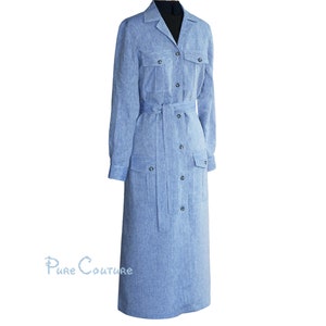 CUSTOM MADE LINEN DRESSes / Womens tailored blue cotton linen button wrap dress midi with pockets long sleeves / Custom vintage tshirt dress