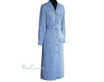 CUSTOM MADE LINEN DRESSes / Womens tailored blue cotton linen button wrap dress midi with pockets long sleeves / Custom vintage tshirt dress
