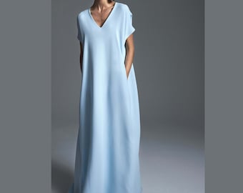 MAXI DRESS V NECK / Modest wedding dress long / Blue satin dress maxi / Sleeveless blue crepe dress plus size