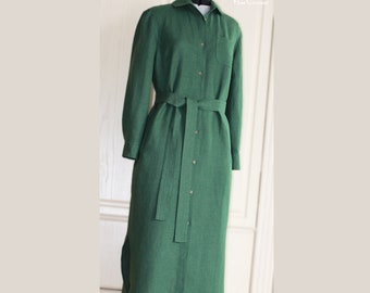 Linen dress forest green / Dark green linen flax button up tee shirt dress with pockets / wrap dress color options