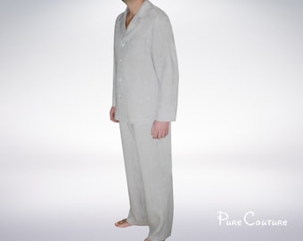 Mens customized linen robe & pants pajamas set / Two piece linen loungewear set / Custom elastic waist pants men sleep wear