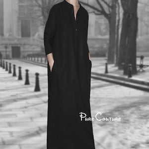 BLACK LINEN DRESS, Long caftan dress, Linen maxi dress pockets, Linen caftan women, Plus size black dress, Black gown, Black maxi dress xl