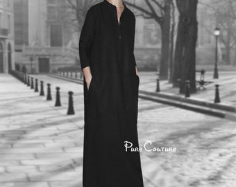 BLACK LINEN DRESS, Long caftan dress, Linen maxi dress pockets, Linen caftan women, Plus size black dress, Black gown, Black maxi dress xl