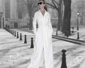 Long sleeve white cotton wrap maxi dress women / Summer high slit white v neck formal dress long sleeve