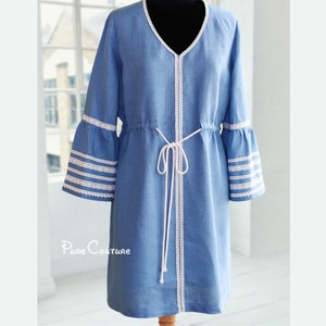 BLUE LINEN TUNIC dress, Organic tunic, Flare linen knee length dress, Maternity tunic v neck, Boho tunic plus size, Dusty blue dress lace
