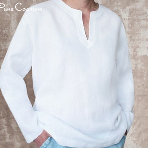 Plain snow white organic linen long sleeve t shirt men / Mens white custom long sleeve summer t shirt large brand / Mens robe linen tee