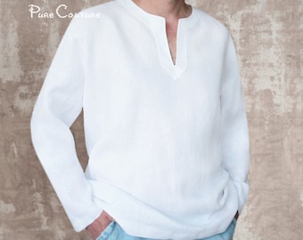 Plain snow white organic linen long sleeve t shirt men / Mens white custom long sleeve summer t shirt large brand / Mens robe linen tee