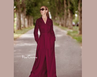 Vestido maxi modesto de manga larga de color rojo oscuro / Vestido maxi envolvente de algodón orgánico para mujer con botones y mangas para mujer / Vestido maxi envolvente borgoña