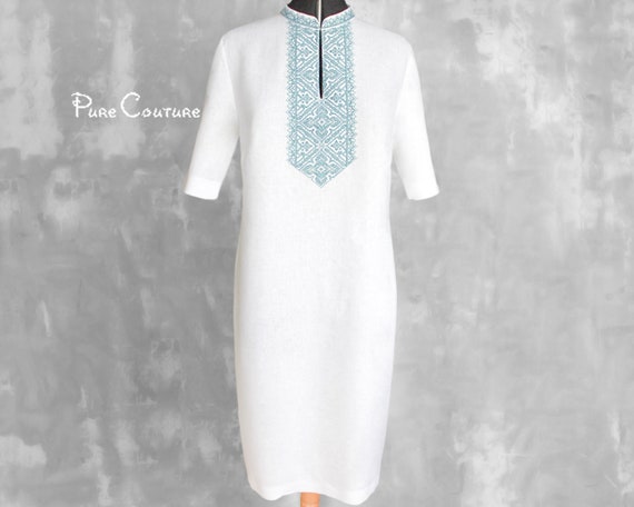 white linen sheath dress