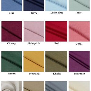 May include: A chart showing 16 different linen fabric colors. The colors are: blue, navy, light blue, mint, cherry, pale pink, red, coral, green, mustard, khaki, magenta, ecru unbleached, beige, gray, and cream.