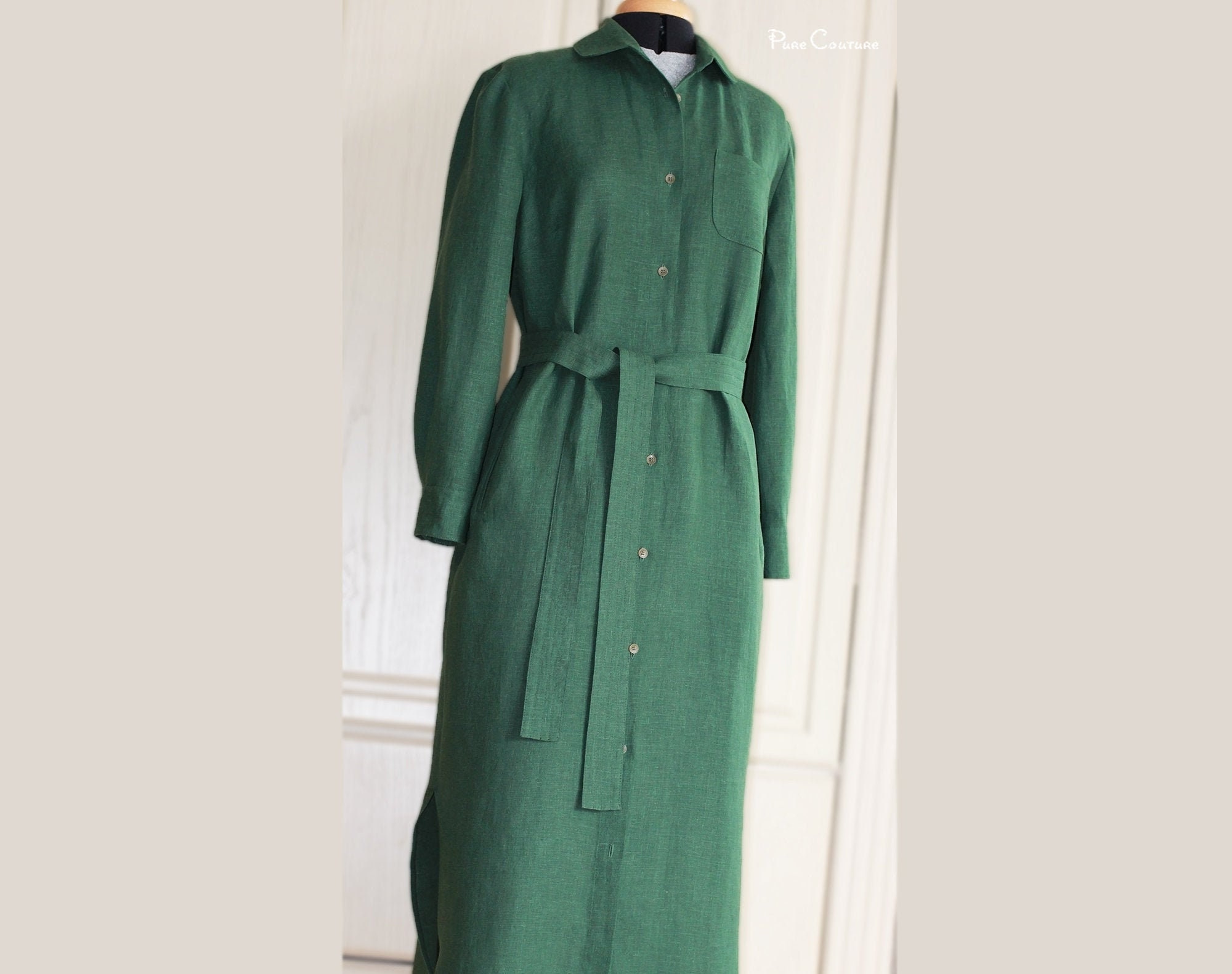 Linen dress forest green / Dark green Linen flax button up tee shirt dress with pockets / wrap dress color options