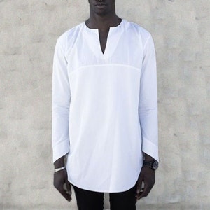 Mens bovennatuurlijke katoen linnen tuniek shirt mannen / Aangepast sneeuwwit katoenen shirt voor mannen / Lange mouw kaftan tshirt linnen mannen