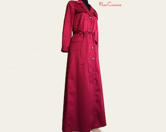 Red long sleeve dress cotton / Satin wrap dress maxi long sleeves / Red overall deep V dress with slit / Burgundy dress modest