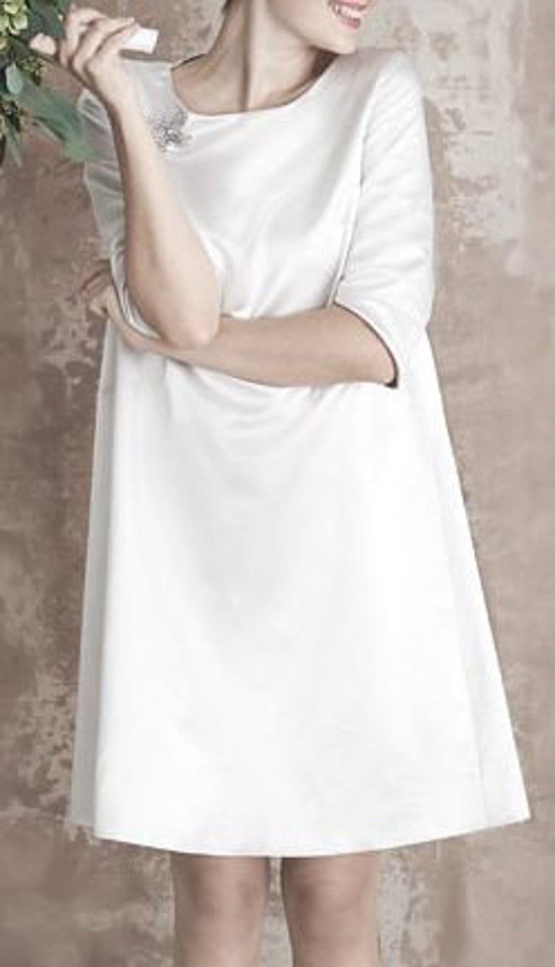 Modest retro wedding dress / A-line simple wedding dress with sleeves / Off white Aline silk wedding dress image 4