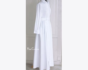 Long white organic cotton wrap maxi dress long sleeve White maxi cotton dress with sleeves plus size / Minimalist wrap wedding dress