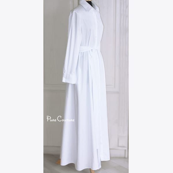 Long white organic cotton wrap maxi dress long sleeve White maxi cotton dress with sleeves plus size / Minimalist wrap wedding dress