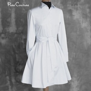 White cotton cocktail wrap dress women / Modest simple short wedding dress / Cute custom snow white satin buttoned dress long sleeve