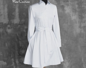 White cotton cocktail wrap dress women / Modest simple short wedding dress / Cute custom snow white satin buttoned dress long sleeve