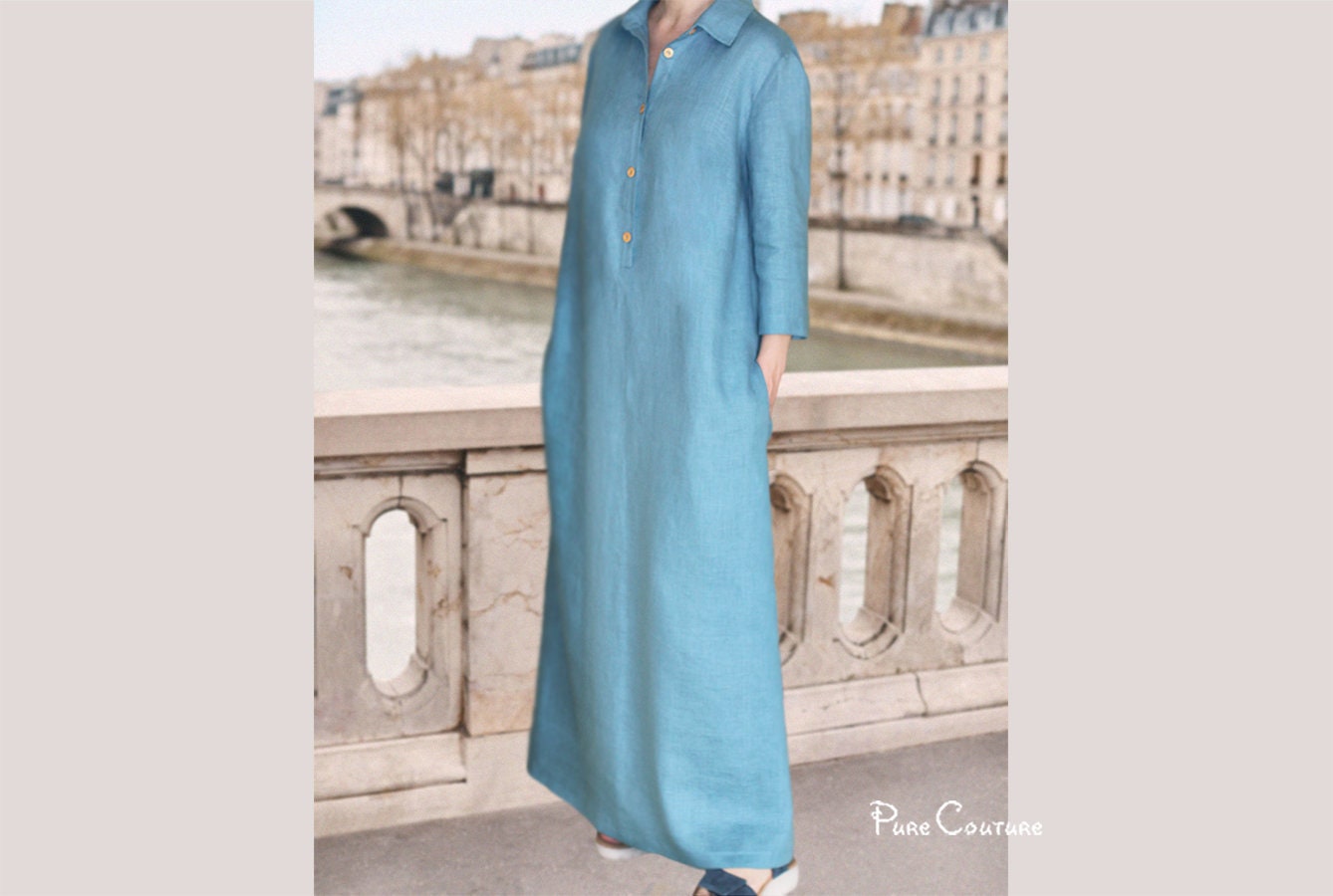 A Line Maxi Shirt Dress Maxi, Relaxed Linen Dress, Linen Maxi Plus Size Dress With Sleeves, Organic