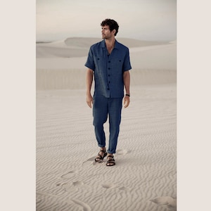Mens custom linen suit / Men loungewear set / Men&#39;s linen drawstring pants / Men&#39;s linen handmade t shirt pants / Men&#39;s linen shirt button