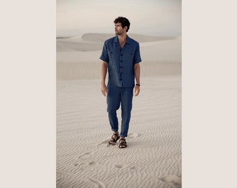 Terno de linho personalizado masculino/conjunto de loungewear masculino/calças de linho masculinas com cordão/calças de camisa de linho masculinas feitas à mão/botão de camisa de linho masculina