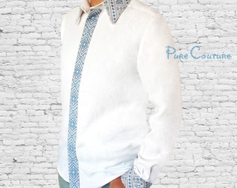 CAMISA BLANCA hombres, Camisa de lino hombre, Camisa de algodón, Camisa de manga larga con puños, Camisa bordada, Camisa personalizada, Camisa con cuello, Botón hacia abajo