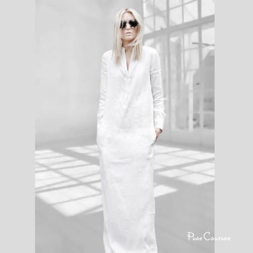 White Linen Long Dress With Pockets 