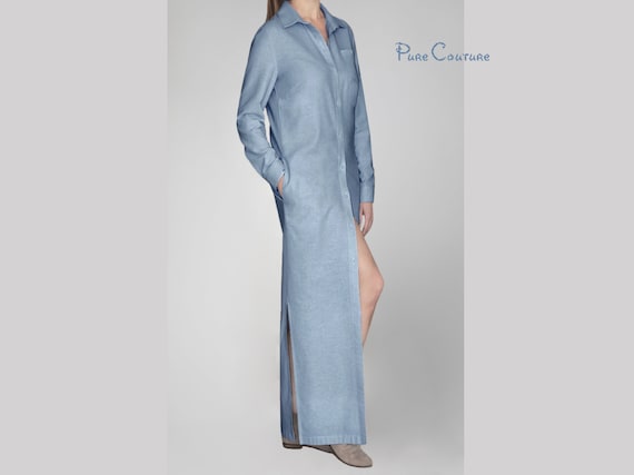 Womens Dress Maxi Slit Pockets Side Maxi Sleeve With Etsy Dusty Organic Light Blue / Linen Down / Blue Dress Button / Long Long - Dress Linen Dress