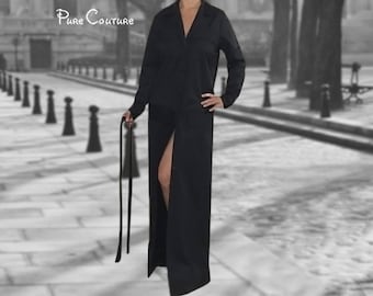 ZWARTE KATOENEN JURK - Zwarte satijnen maxi jurk - Lange mouw zwarte jurk met split - Zwarte wrap jurk - Button down maxi jurk