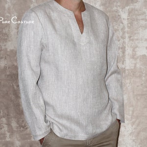 Mens organisch linnen lange mouw T-shirt / Linnen badjas t-shirt effen voor mannen / Herenmode casual linnen boho tuniek T-shirt