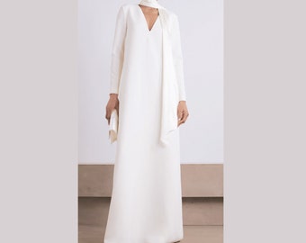 CREPE WEDDING DRESS simple / Modest wedding dress long sleeve / V neck minimalist elegant a line wedding dress / Off white formal dress